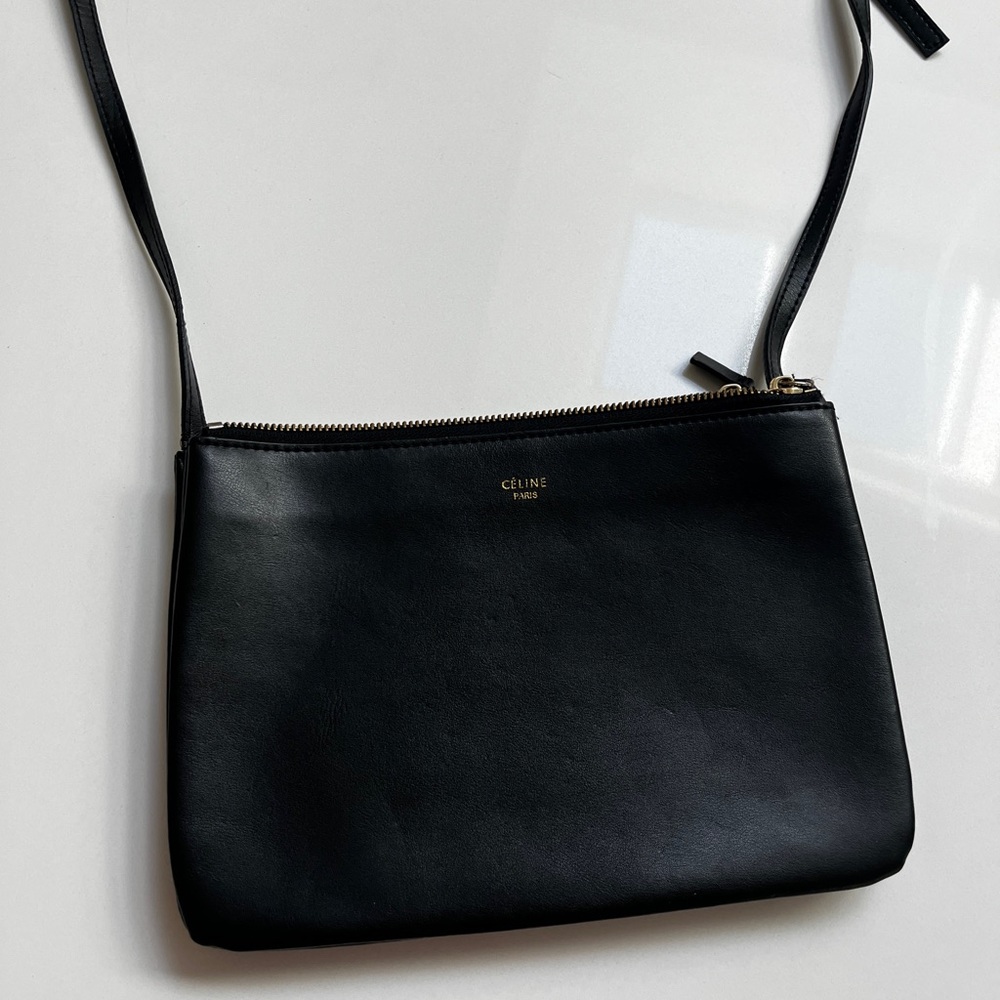 Celine Small Trip Black Lambskin Crossbody Bag Gold Zipper Tabs Long Strap